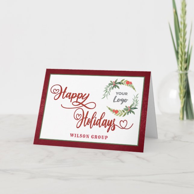 Red calligraphy happy holidays custom logo  holida holiday card (Front)