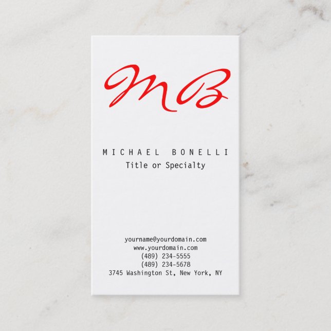 Red Calligraphy Monogram Black White Business Card (Front)