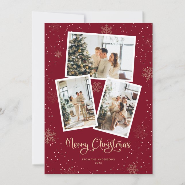 Red Calligraphy Snow Photo Merry Christmas Card (Front)