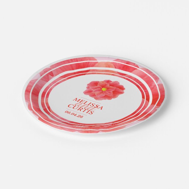 Red camellia floral wedding party plates (Angled)