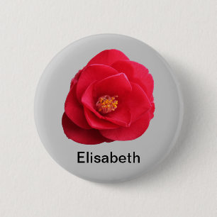 red camellia flower add your name 6 cm round badge