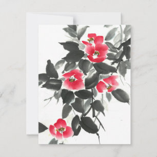 Red camellia sumie ink and watercolor painting