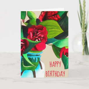 Red Camellia watercolor flower art birthday Card