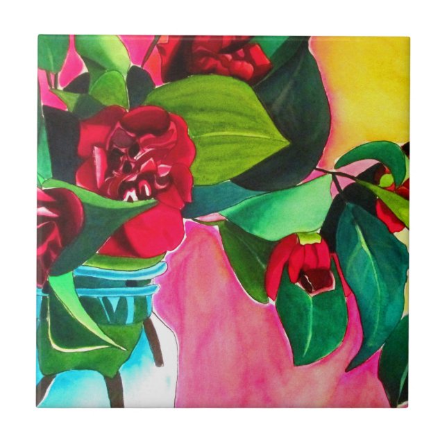 Red Camellias flower art Ceramic Tile (Front)