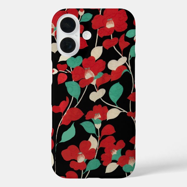 RED CAMELLIAS,WHITE GREEN LEAVES BLACK Dark Floral Case-Mate iPhone Case (Back)