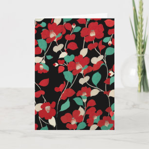 RED CAMELLIAS,WHITE GREEN LEAVES IN BLACK Floral Holiday Card