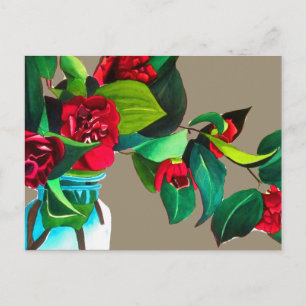 Red Camellias with green foliage watercolor flower Postcard