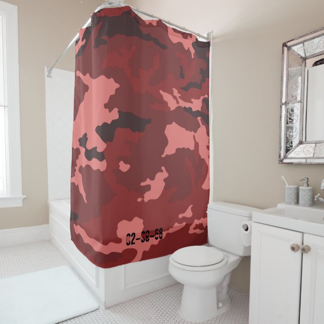 Red camouflage pattern shower curtain (In Situ)