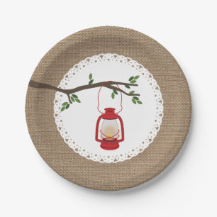 Red Camping Lantern - Burlap Inspired Paper Plate