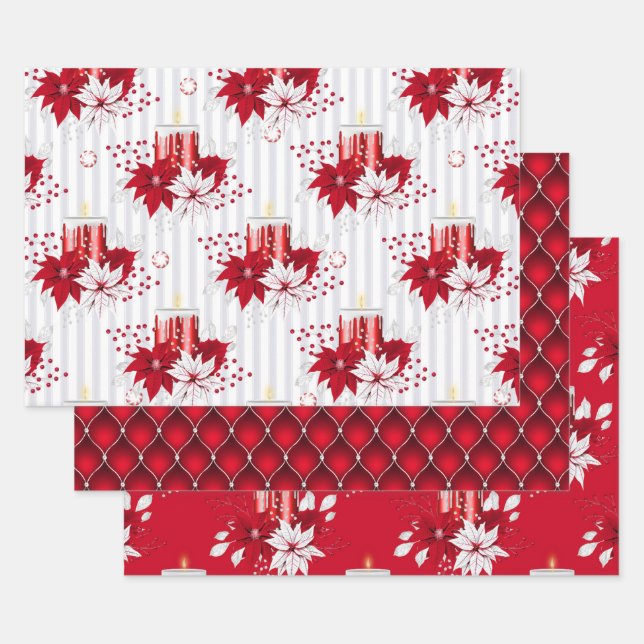 Red Candle & Poinsettia Peppermint Christmas Wrapping Paper Sheet (Set)