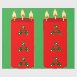Red Candle With Holly Green Wrapping Paper