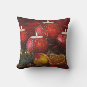 red candles oranges square Christmas Cushion