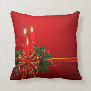 Red Candles Ribbon and Holly Cushion