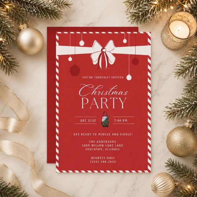 Red Candy Cane Border Christmas Party  Invitation (Red Candy Cane Border Christmas Party Invitation)
