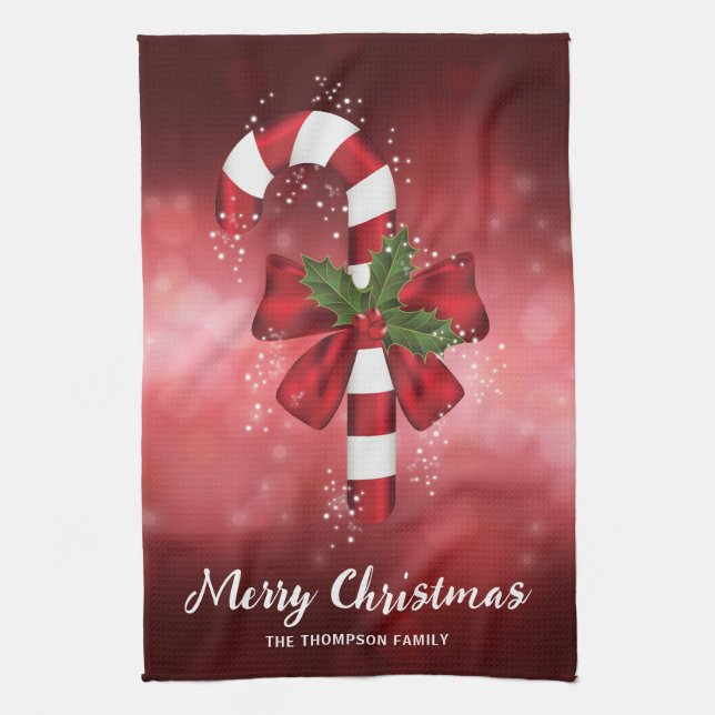Red Candy Cane On A Red Bokeh Background Tea Towel (Vertical)