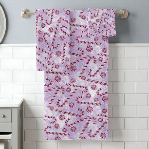 Red Candy Cane Peppermint Christmas  Bath Towel Set