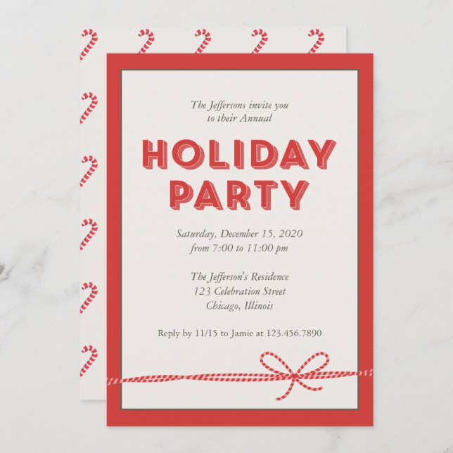 Red Candy Cane Ribbon Holiday Party Invitation (Front/Back)