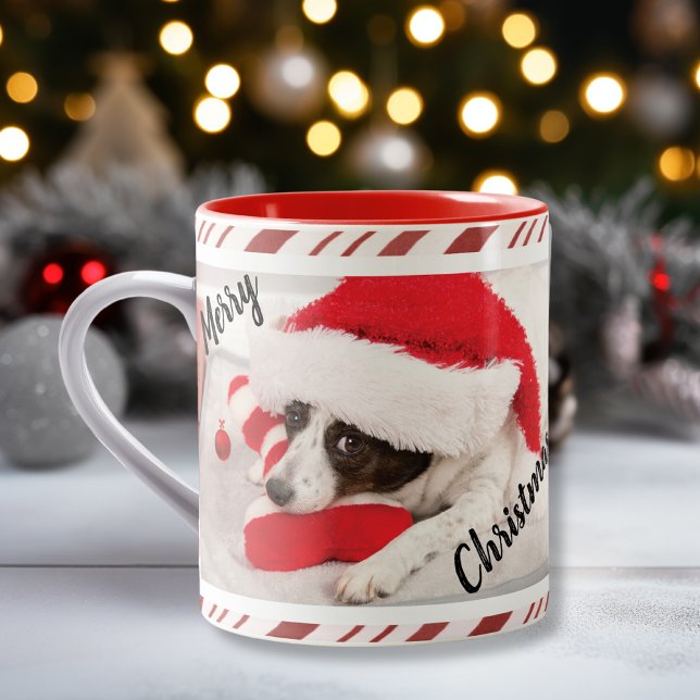 Red Candy Cane Stripe Puppy Dog Photo  Two-Tone Coffee Mug (Creator Uploaded)