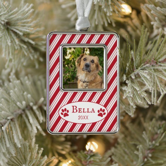 Red Candy Cane Stripes Dog Photo Framed Ornament (Tree)