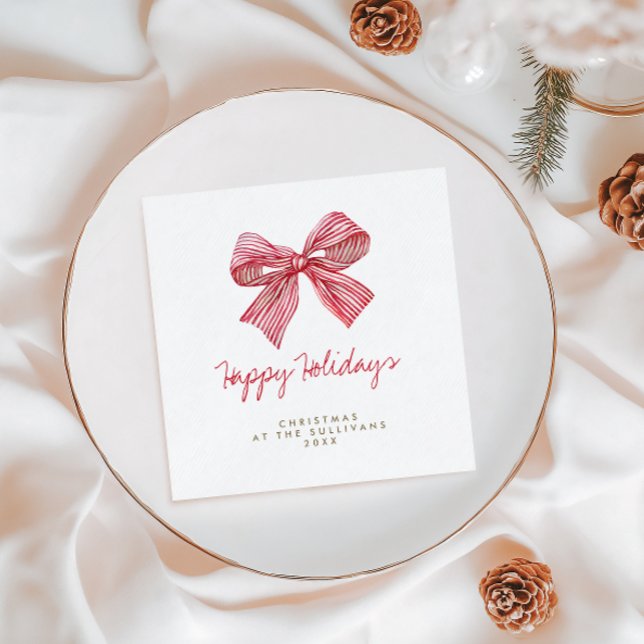 Red Candy Stripe Bow Personalised Holiday Party Napkin (Creator Uploaded)