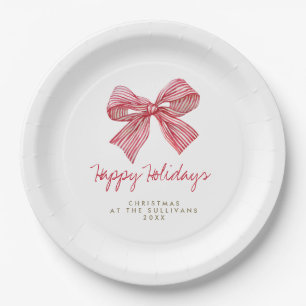 Red Candy Stripe Bow Personalised Holiday Party Paper Plate