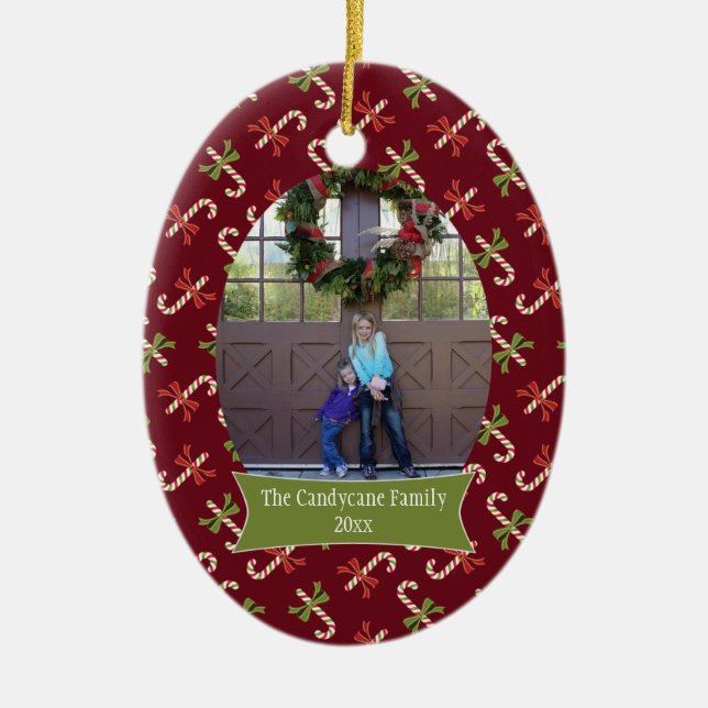 Red candycanes Christmas holiday photo ornament (Front)