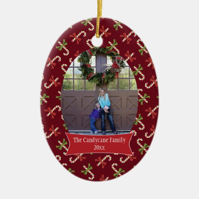 Red candycanes Christmas holiday photo ornament (Front)