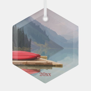 Red Canoe Mountain Lake Scenic Wilderness Custom Glass Tree Decoration