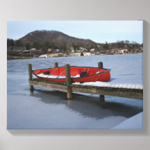 Red Canoe on a Snowy Dock