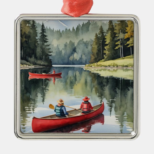 Red Canoe Wilderness Lake Camping Christmas Metal Ornament (Front)