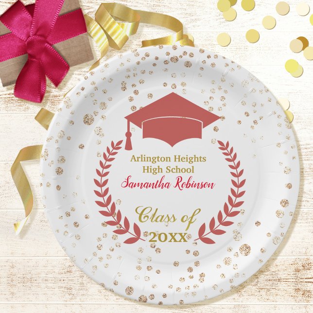 Red Cap and Laurel Graduation Party Paper Plate (Creator Uploaded)