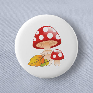Red Cap Toadstool Mushrooms and Leaves 6 Cm Round Badge