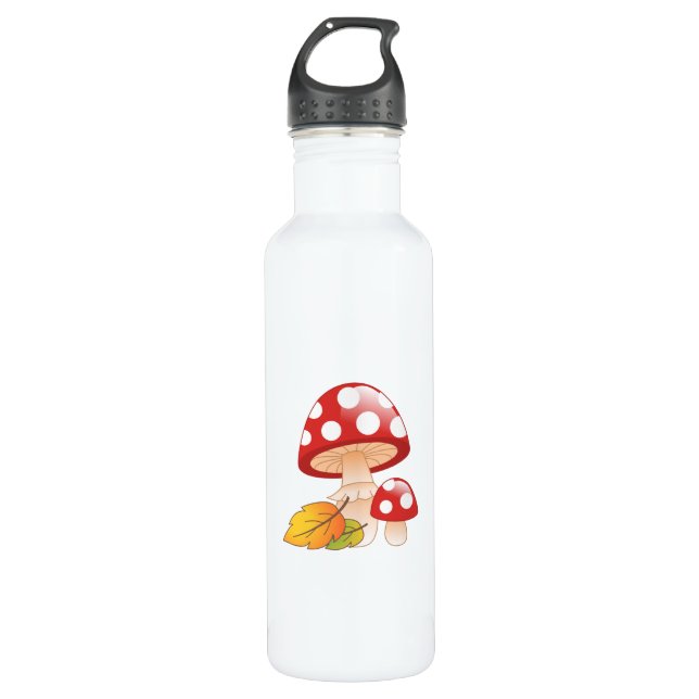 Red Cap Toadstool Mushrooms and Leaves 710 Ml Water Bottle (Front)