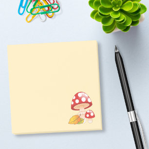 Red Cap Toadstool Mushrooms and Leaves on Yellow Post-it Notes