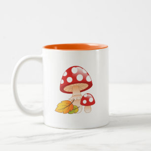 Red Cap Toadstool Mushrooms and Leaves Two-Tone Coffee Mug