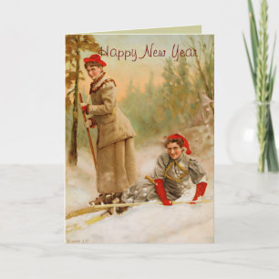 red cap women on a ski tour holiday card