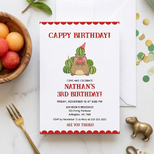 Red Capybara Watermelon Kids Fun Cappy Birthday Invitation