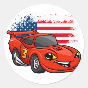 Red car american flag cartoon -Choose back colour Classic Round Sticker