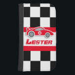 Red car auto sport name and number boys flap case<br><div class="desc">Original graphic auto sport flap case for big and little motor boys. Perfect for budding auto Grand Prix, and other young motor sport fans and petrol heads. This uniquely designed case features graphic chequered flag and red sports car. Customise with your name special number or age. Example reads Lester 10....</div>