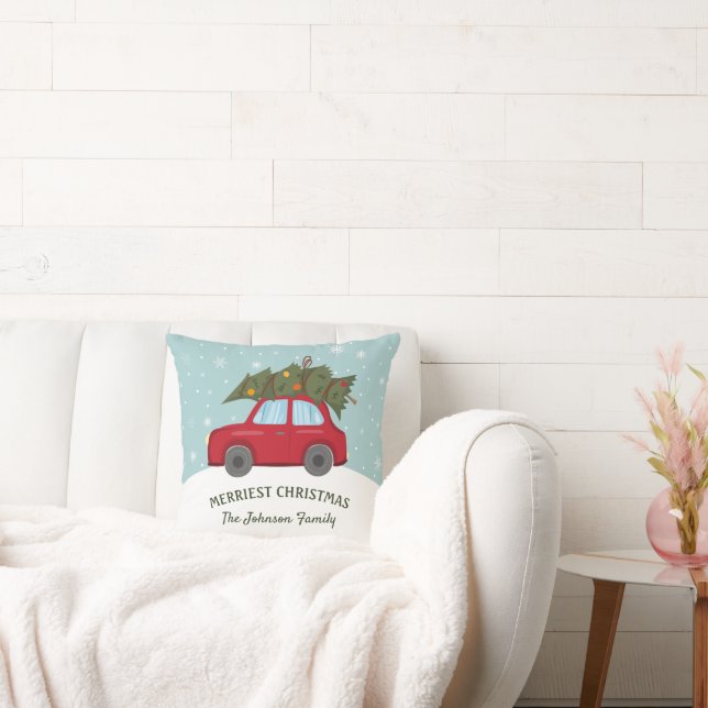 Red Car Carrying Tree Merriest Christmas Cushion (Couch)