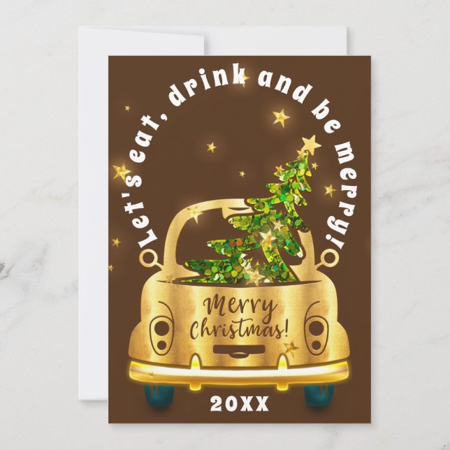 Red Car Christmas Brunch Dinner Tree Gold Brown Invitation (Back)