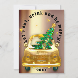 Red Car Christmas Brunch Dinner Tree Gold Glitter Invitation