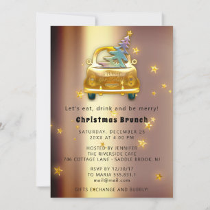 Red Car Christmas Brunch Dinner Tree Gold Stars Invitation