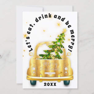 Red Car Christmas Brunch Dinner Tree Gold White Invitation