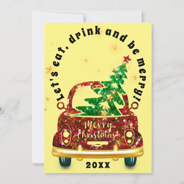 Red Car Christmas Brunch Dinner Tree Gold Yellow Invitation (Back)