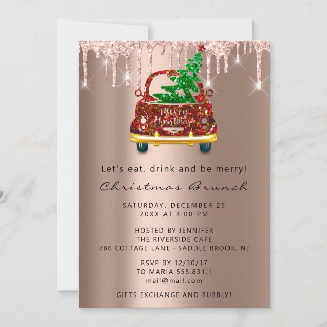 Red Car Christmas Brunch Tree Rose Drips  Invitation (Front)