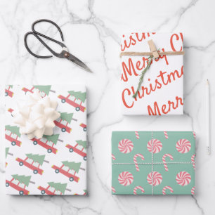 Red Car Christmas Tree Candy Pattern Holiday Wrapping Paper Sheet