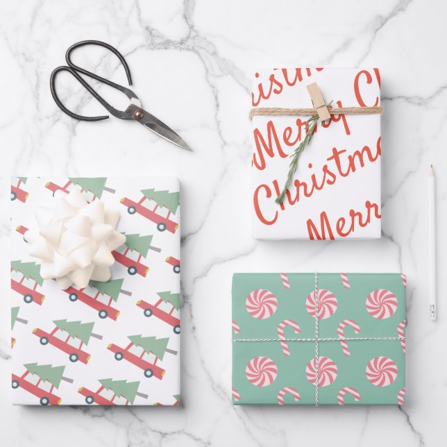 Red Car Christmas Tree Candy Pattern Holiday Wrapping Paper Sheet (Front)