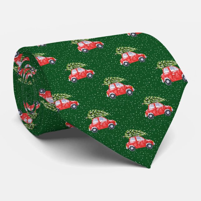 Red Car Christmas Tree Snowflake Green Holiday Tie (Rolled)