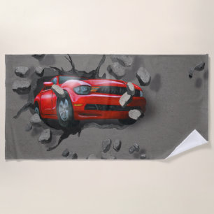 Red Car Crashing Through Wall Beach Towel
